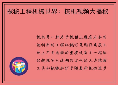 探秘工程机械世界：挖机视频大揭秘