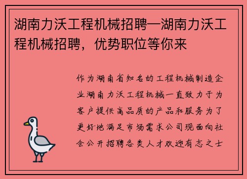 湖南力沃工程机械招聘—湖南力沃工程机械招聘，优势职位等你来