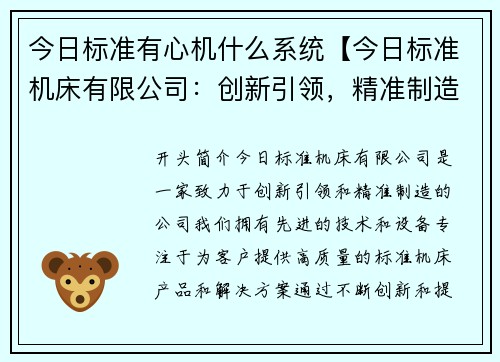 今日标准有心机什么系统【今日标准机床有限公司：创新引领，精准制造】