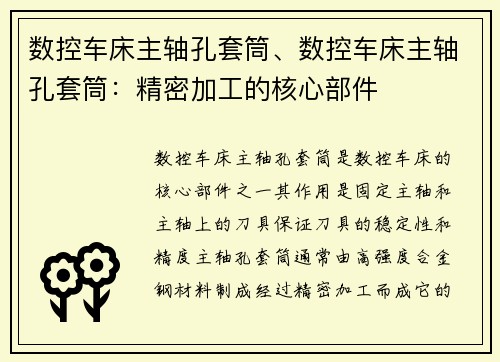 数控车床主轴孔套筒、数控车床主轴孔套筒：精密加工的核心部件